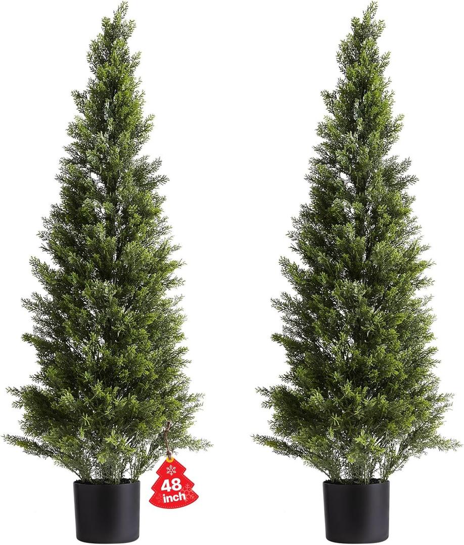 VEVOR Artificial Cedar Topiary Trees, 48 inch 2 Set Faux Pine Shrubs Plants, Fake Silk Tree Look Real, Easy Assembly for Decor Front Porch Outdoor Patio Garden Balcony Backyard Indoor Office (4FT)