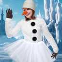 7 Pcs Christmas Snowman Costumes for Women Adult Winter Snowman Accessories Beanie Knit Hat 3 Black Faux Fur Pom Poms Carrot Nose Gloves Tutu Skirt for Holiday Cosplay Party