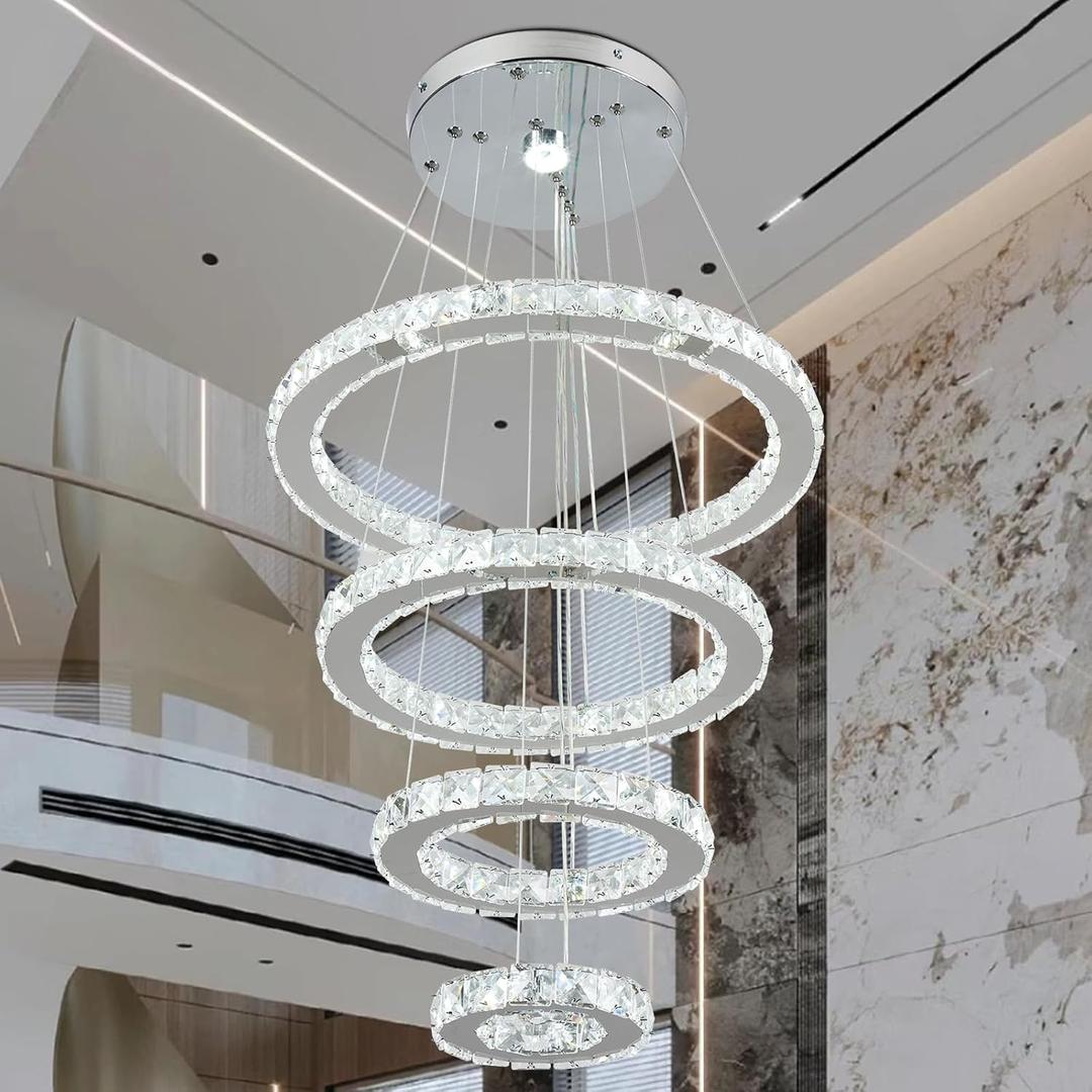 LED Chandeliers, Modern Crystal Chandelier Dining Room Living Room LED Ceiling Pendant Light 4 Rings Adjustable Stainless Steel Contemporary Chandeliers (4r Cool White)