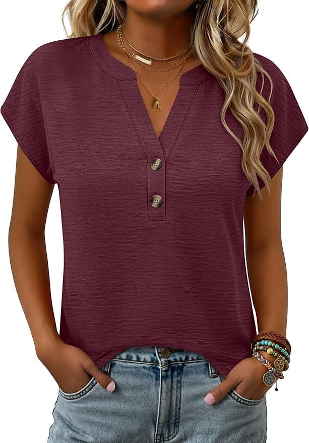 ANRABESS Womens Tops Dressy Casual Cap Sleeve Summer Tunic Blouses Textured V Neck Henley Shirts 2026 Work Business Outfits (XXL)