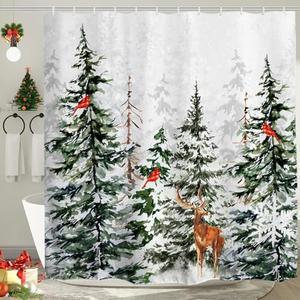 Baccessor Christmas Winter Shower Curtain Snowy Forest Pine Tree Cardinal Deer Snowflake Shower Curtain 72x72 Inch Xmas Holiday Bathroom Bath Rustic Farmhouse Decor Waterproof with Hooks