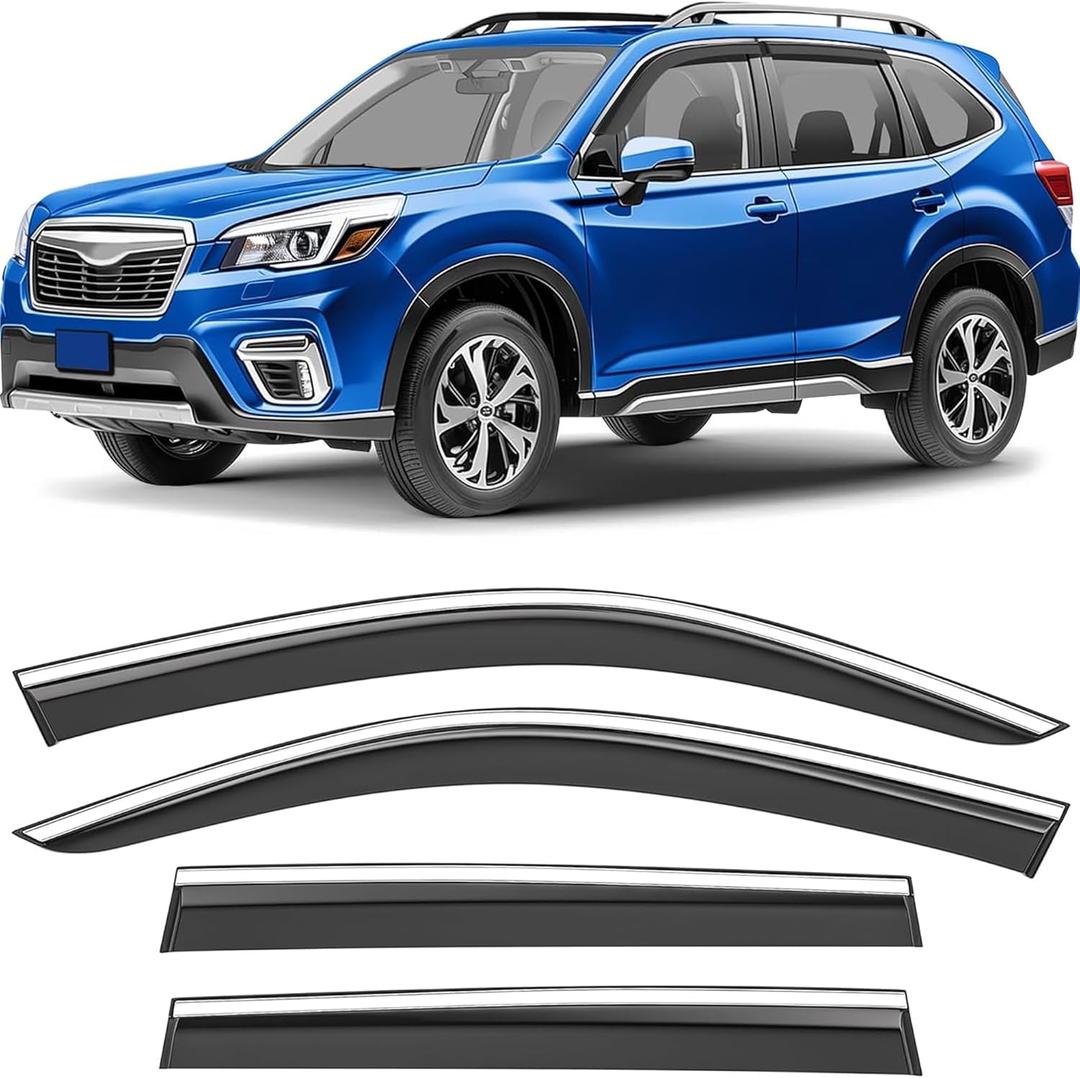 Shatterproof Taped-On Window Deflectors for Subaru Forester 2019-2024 with Chrome Trim, Rain Guards, Window Visors for Cars, Vent Deflector, 4pcs