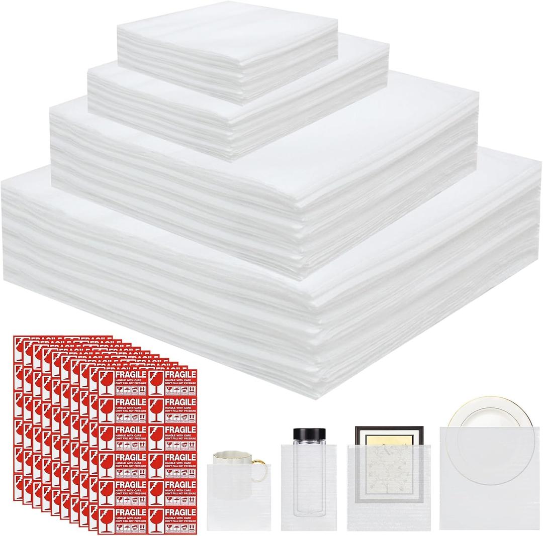 200 Pack Cushion Foam Pouches & Sheets, 4 Size Dish Packing Supplies for Moving (14x14 Inch, 12x12 Inch, 12x7.5 Inch, 7.5x7.5 Inch) Bubble Wrapping Bags for Packing, Incidental 120 Fragile Labels