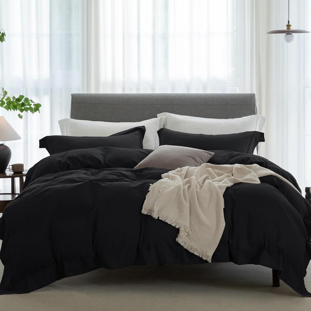 Cooling Duvet Cover Set 3 Pieces-100% Washed Cotton with Chic Wide Trim Design Linen Like Textured Ultra Soft Cozy Bedding with Zipper Closure(Hemmed Solid Black,Oversized King 120"x98")