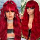 QD-Tizer Red Wig with Bangs Long Wavy Curly Hair Wigs for Women Loose Curly Heat Resistant Synthetic Fiber Wigs for Daily Party Use