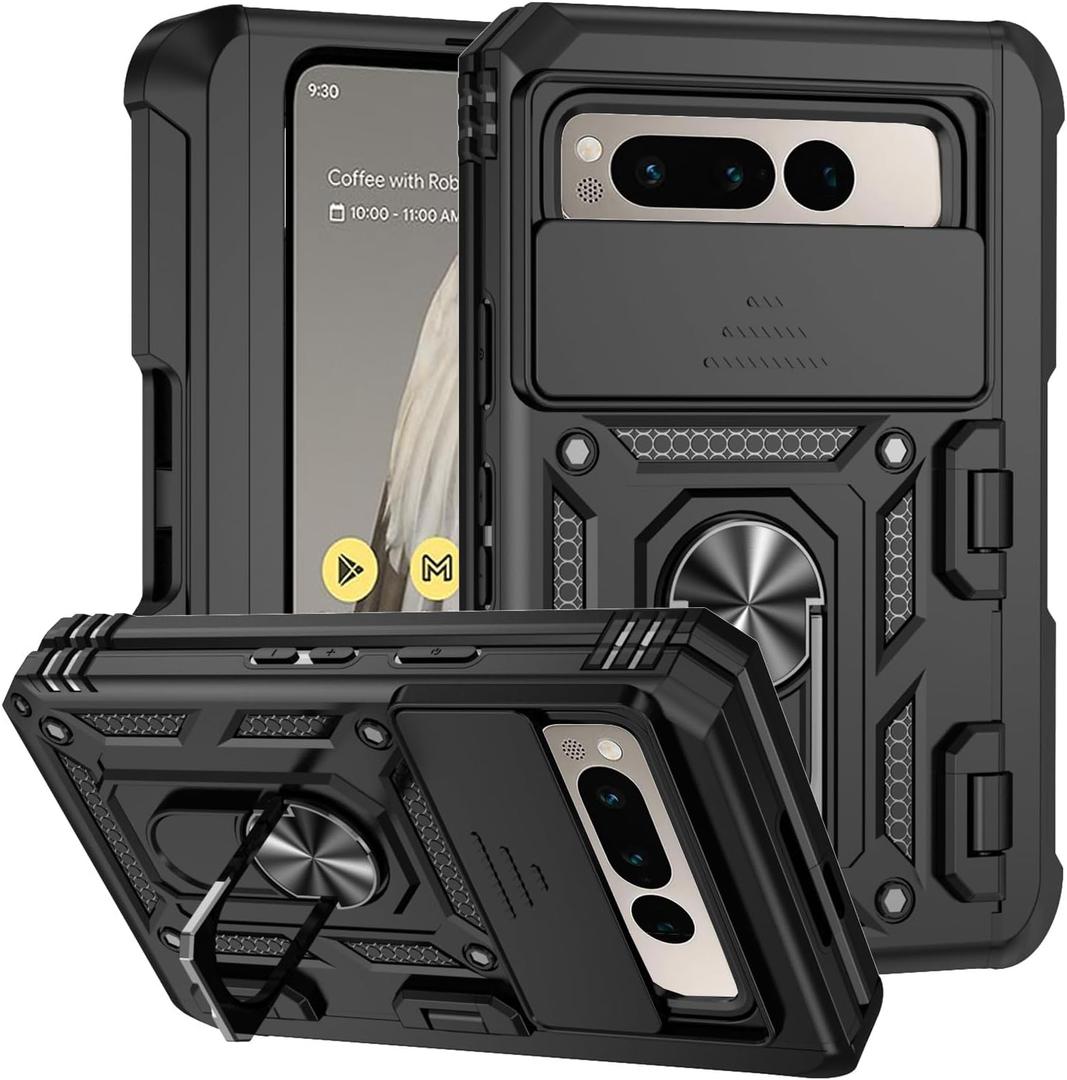 Phone Case for Google Pixel Fold with Ring Holder Kickstand Black, Camera Lens Protector Slide Cover for Google Pixel Fold Case Shockproof Heavy Duty Cool with Holster (Black)