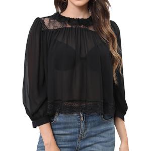 Womens Black Lace Inset Top Semi Sheer Blouse Ruffled Neckline 3/4 Sleeve Casual Shirt (Black, S)