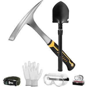 26oz Geologist Rock Pick Tool kits-12" Folding Multi Tool Shovel-Survival Bracelet-Safety Glasses-Jewelers Loupe-Gloves for Hounding Gold Mining Prospecting Stone Breaking Pry Rocks Loosen Soil