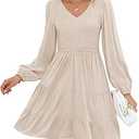 ZESICA Women's Casual V Neck Long Sleeve Smocked High Waist Ruffle A Line Tiered Mini Dress, Beige, Medium