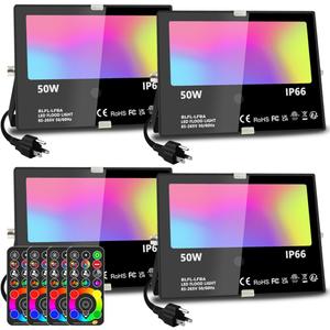 MELPO Led Flood Light 500W Equivalent, RGBW Led Outdoor Lights Colored Floodlight with Remote,50W,5000ML 2700K,120 Colors, Timing, Dimmable, Custom Modes, Landscape Lighting (4 Pack)