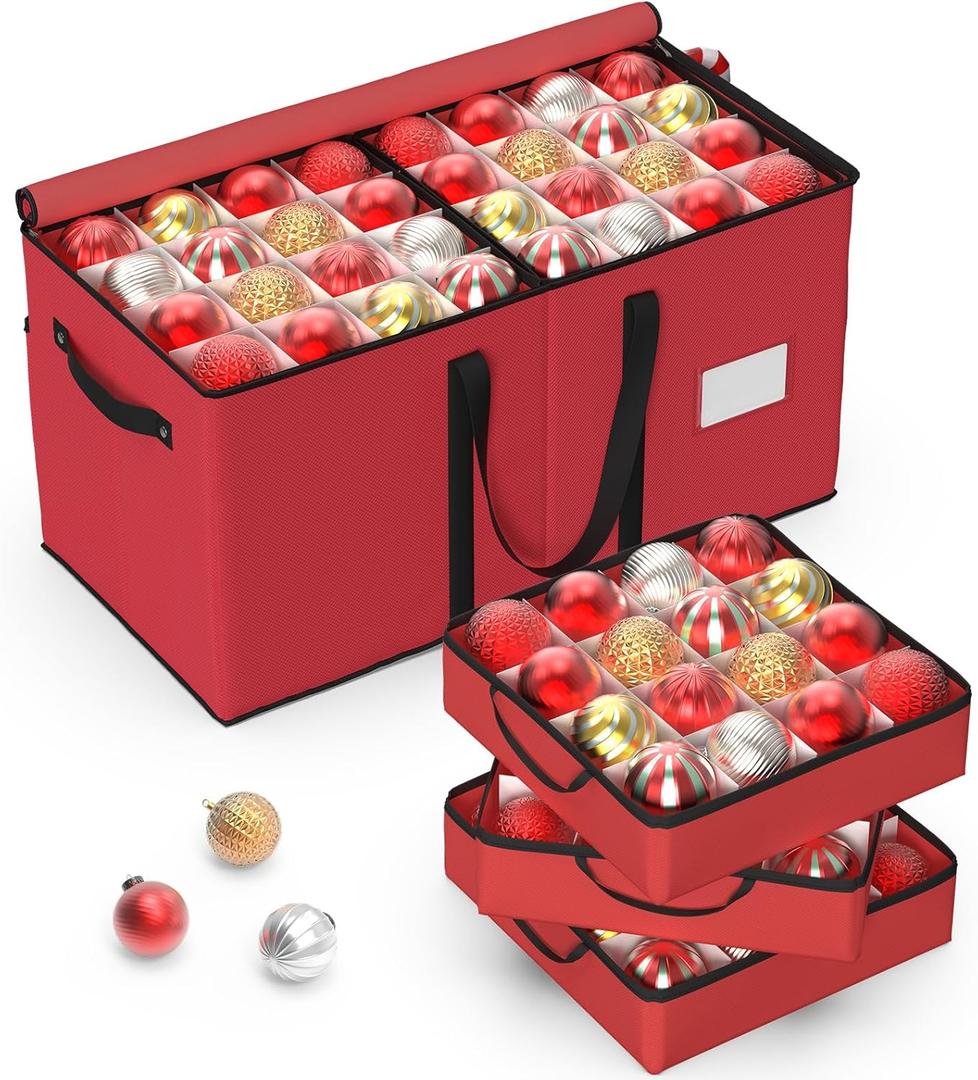 Pattiumo Christmas Ornament Storage Box with 8 Stackable Trays, Holds 128 Ornaments, Foldable Vertical Organizer with 2 Pockets, 600D Oxford Fabric, for Closet Attic Basement Storage (Red + Black)