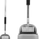 PINVNBY Cat Litter Scooper, Long Handle Litter Sifter Scoop with Litter Scoop Holder Stainless Steel Kitten Scooper Deep Kitty Litter Scooper with Box Metal Detachable Sifting Litter Shovel Set (Silver)