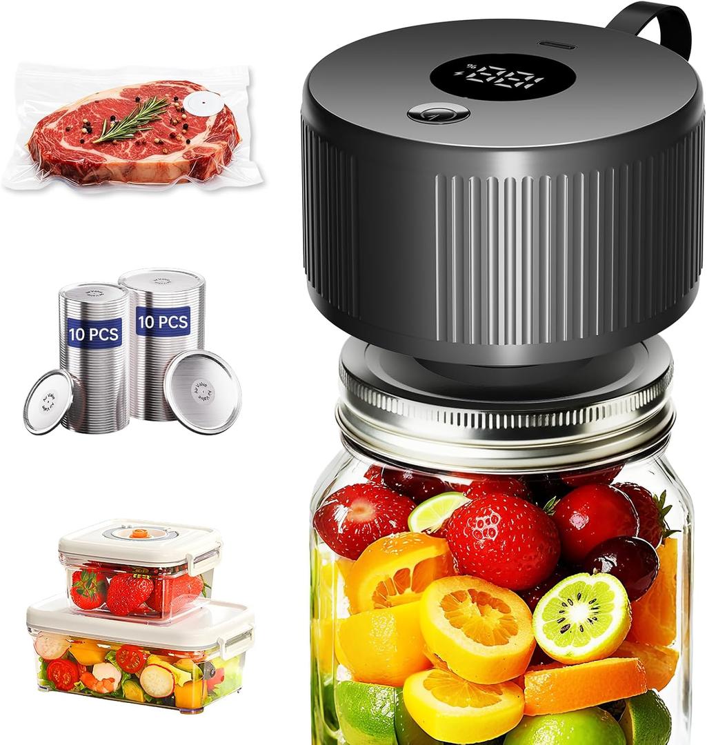 Electric Mason Jar Vacuum Sealer Kit, 3-in-1 Handheld Automatic Vacuum Sealer for Mason Jars, Food Savers & Containers | Ideal for Canning Jams, Pickles, Dry Foods, Grains | Present for Mom, Black