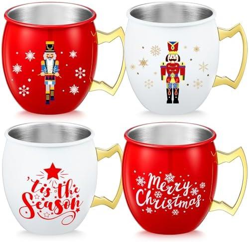 Seematn 4 Pcs Christmas Mug Nutcracker Moscow Mule Mug 16 oz Christmas Coffee Mugs Holiday Xmas Drinkware Housewarming Gifts for Xmas Tea Cocoa Hot Drinks(Red and White)
