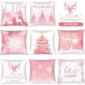 Tatuo 8 Pieces Pink Christmas Throw Pillow Covers 18 x 18 Inch Snowflake Reindeer Pillow Cases Christmas Tree Snowflake Covers Cushion Pillowcase for Sofa Bed