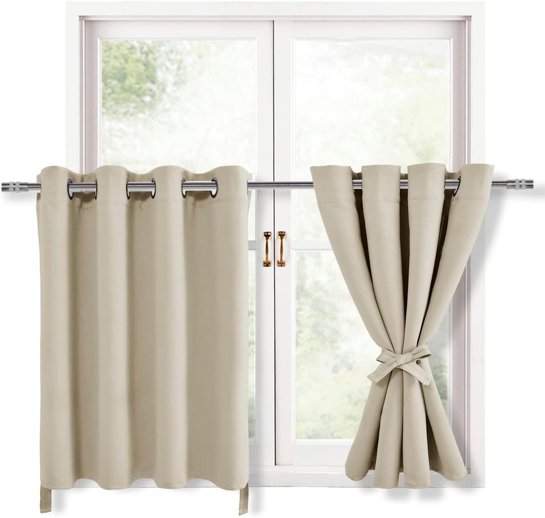 Hiasan RV Blackout Curtains for Bedroom, 52 x 30 Inches Long - Thermal Insulated & Light Blocking Window Curtains for Living Room, 2 Drape Panels Sewn with Tiebacks, Light Beige