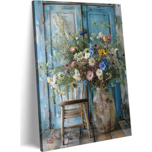 Farmhouse Daisy Canvas Wall Art Vintage Country Flower Posters Prints Still Life Botanical Bouquet Wall Decor Rustic plant Floral Pictures Painting countryside Bathroom Bedroom LivingRoom Framed (Bule)