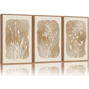 SIGNINART Boho Botanical Framed Canvas Wall Art Set, Neutral Wildflower Wall Decor, Vintage Floral Wall Painting, Art Print for Farmhouse Living Room, Bedroom, Office, Bathroom 16"x24"x3