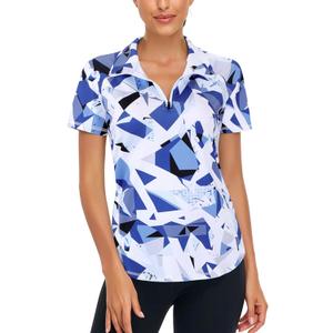 Zamowoty Women's Short Sleeve Golf Shirts 1/4 Zip Up Loose Yoga Running Workout Tops (Medium, Geometry Blue)