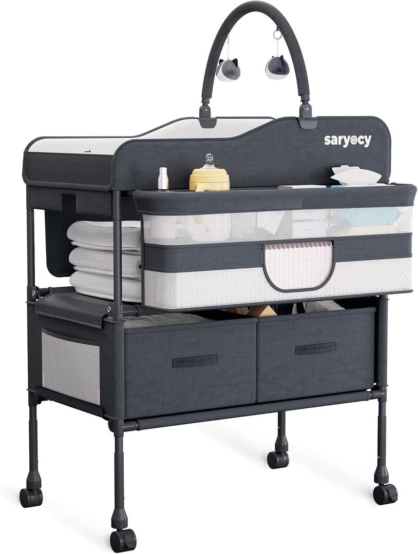 Baby Changing Table with Storage, Versatile Folding Changing Table, Baby Changing Station, Removable Wheels, 4 Adjustable Height, Waterproof, Mobile Nursery for Infant and Newborn (Light Dark Grey)