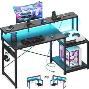 AODK Computer Desk, 48 Inch Gaming Desk with Led Lights & Power Outlet, Office Desk with Printer Storage Shelves, Reversible Desk with Monitor Shelf & Headphone Hook, Carbon Fiber Black