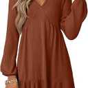 Dokotoo Fall Dresses for Women 2025 Long Sleeve V Neck Lightweight Ribbed Knit Empire Waist Casual A Line Swing Mini Dress Medium