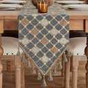 Loom and Mill Elegant Chenille Table Runner 72 inches Long, Chic Checkered Pattern Jacquard Table Runners with Tassels for Dining Room Dresser Party Banquet Decor (Blue-Grey+Khaki+Beige,13x72 inch)