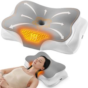 Heated Cervical Pillow for Neck Pain Relief, Ergonomic Contour Orthopedic Memory Foam Pillow for Neck Support, USB Heating with Adjustable Temp Settings (Grey)