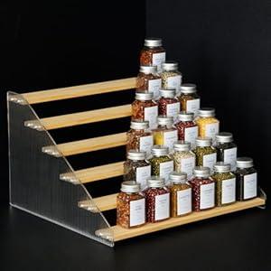 nianfeng Tiered Spice Rack, 6Tier Spice Pantry Kitchen Cabinet Organizer, 12Inch, Natural Wood Acrylic Stair Riser Stand, Countertop Seasoning Shelf