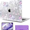 TWOLSKOO Transparent Hard Plastic Case Silicone Keyboard Cover Screen Protecor Compatible with 2018-2021 MacBook Air 13 inch A1932 A2179 A2337 M1 Purple Peony