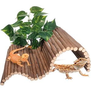 Reptile Hide Bearded Dragon Tank Accessories Large Climbing Wooden Bridge Hideout Tortoise Basking Platform Ramp Decor for Snake Lizard Ball Python Tortoise Leopard Gecko