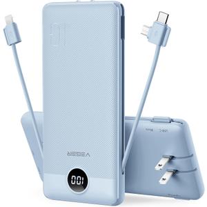 VEGER Portable Charger for iPhone Built in Cables and Wall Plug, 10000mah Slim Fast Charging USB C Power Bank, Travel Essential Battery Pack Compatible with iPhones, iPad, Samsung More Devices(Blue)