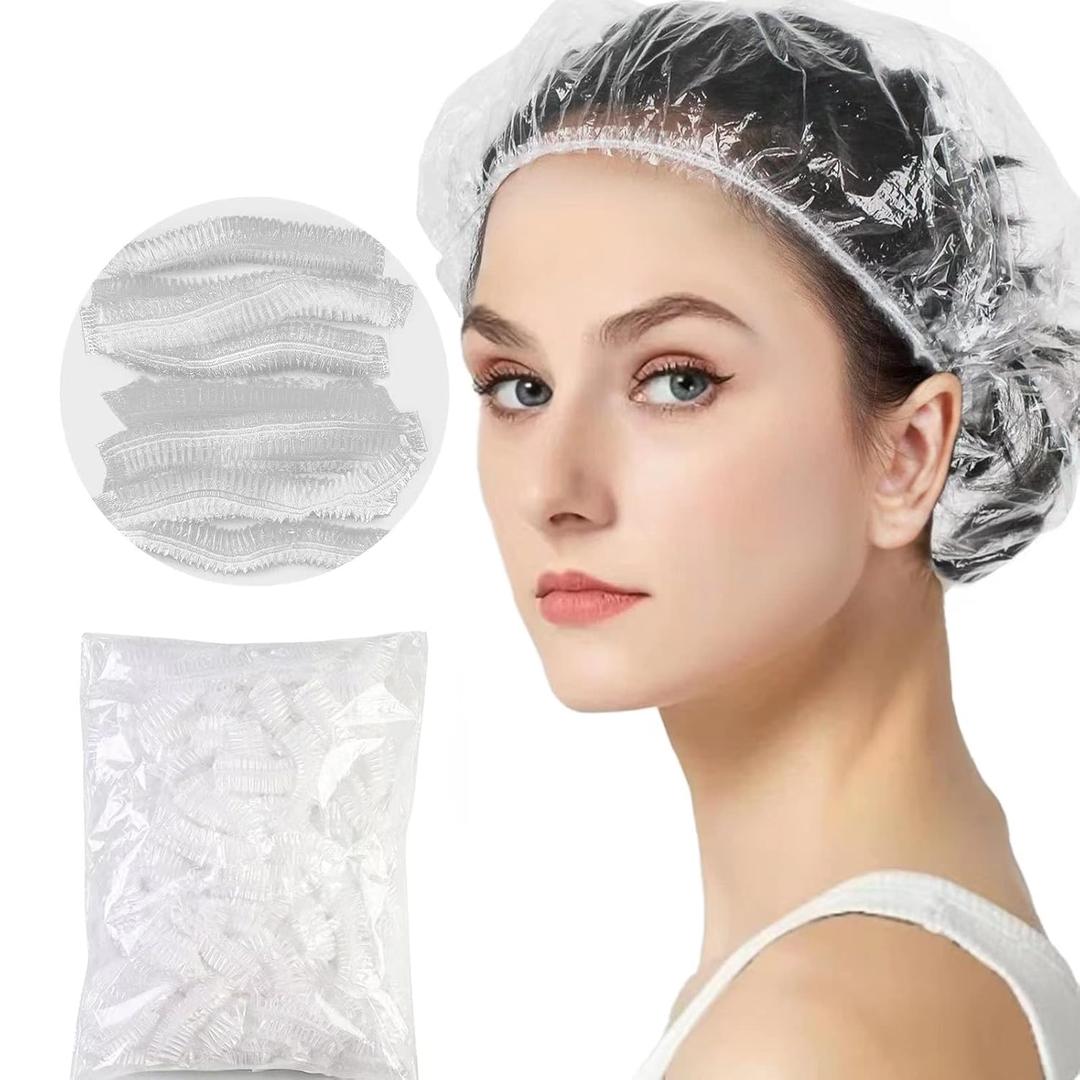 17.7" 50pcs Disposable Shower Caps, Hotel Travel Accessories Deep Conditioning Hair Care Cleaning Supplies, large Plastic Clear Hair Cap Thick Waterproof Bath Caps for Women (Size 45CM)