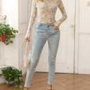 Ugerlov Womens Lace Long Sleeve Mesh Top Floral Mock Neck See Through Going Out Top with Thumb Hole Party Outfits Shirts (S)