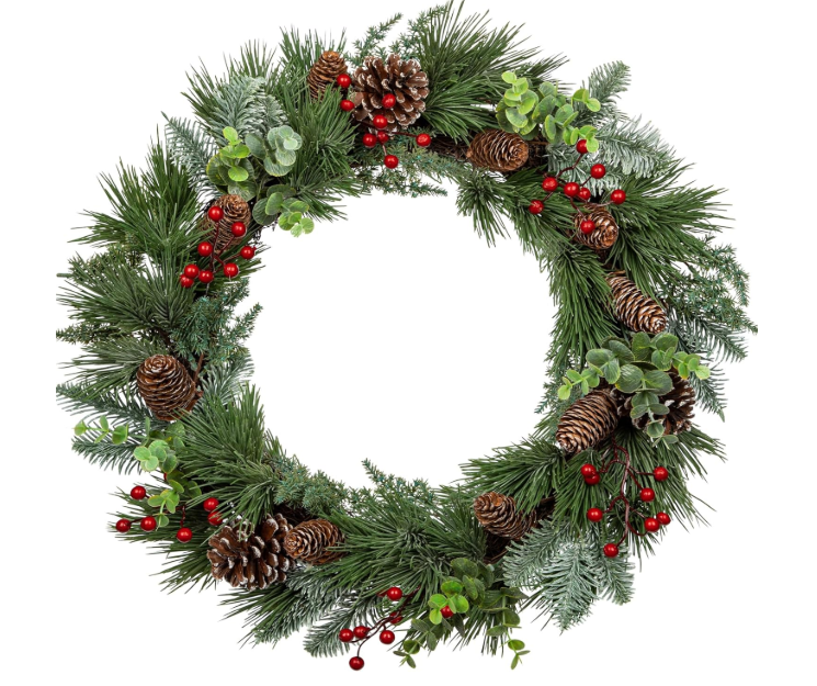 Green Christmas Wreath with Pine Cones, Berry Clusters & Abundant Branches - 24"(16' Frame) Winter Wreath Hanging Decor