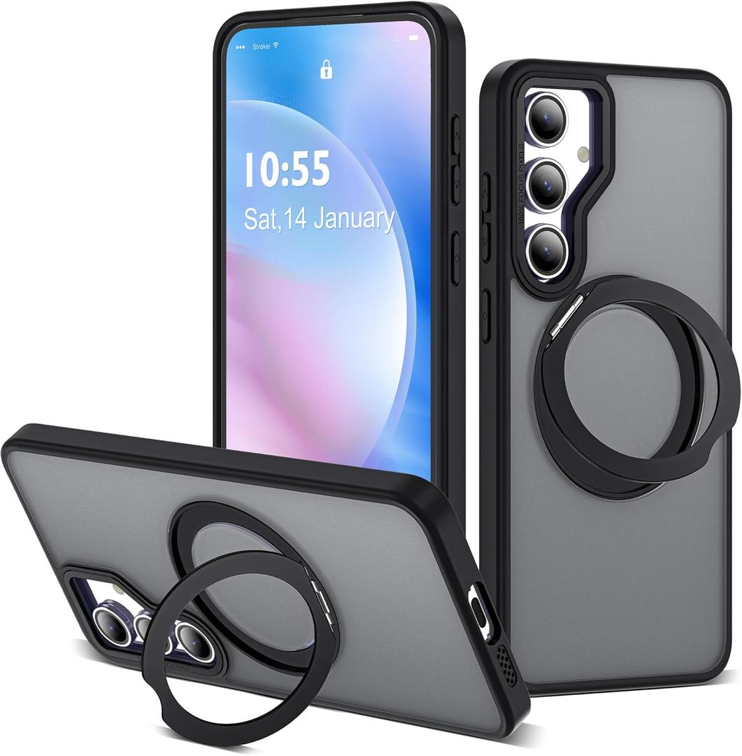 For Samsung Galaxy S23 FE Case with 360 Rotatable Magnetic Ring Stand Compatible with Mag-Safe Military Protection Shockproof Matte Translucent Phone Cases for S23 FE, Black