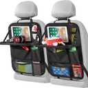 LUCMO Car Backseat Organizer with Touch Screen Tablet Holder,9 Storage Pockets Storage Organizer,Protectors Kick Mats Travel Accessories (Black, 2 Pack with Food Tray)
