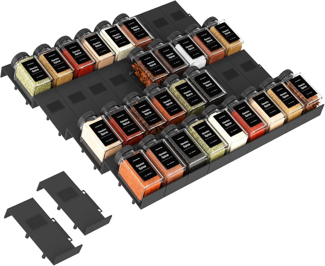 Famhap Spice Drawer Organizer, 36PCS Interlocking Expandable Seasoning Rack Tray Insert for Kitchen Drawers, Spice Rack Drawer for Spice Jars (Black)