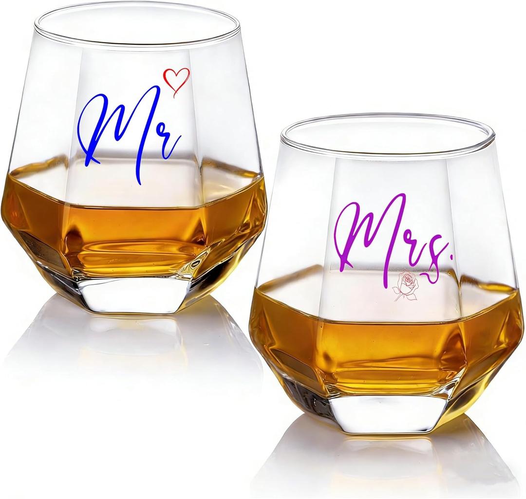 Mr and Mrs Wine Glasses Wedding Gifts for Bride and Groom -Gifts for Bridal Shower Engagement Wedding and Married Anniversary-His & Hers, Engagement Gift,3.35" W x 3.62" H