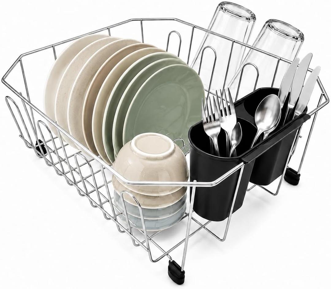Small Sink Dish Drying Rack, Stainless Steel In-Sink Drainer 13.4" x 11.6" | In sink dish drying rack with removable utensil holder, 8 cup hooks; compact for small kitchens, RVs, apartments and campers.