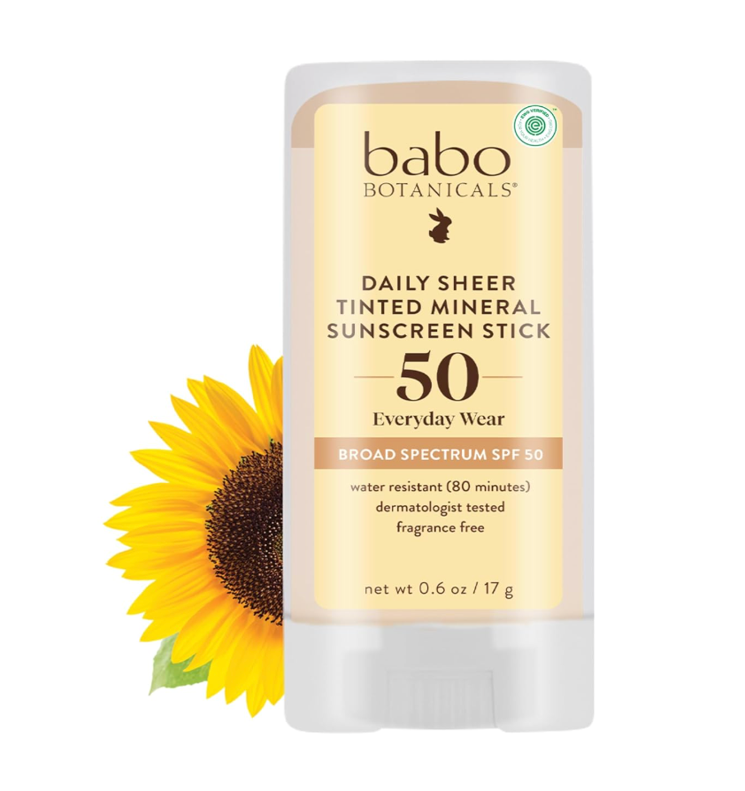 Babo Botanicals Daily Sheer Mineral Tinted Sunscreen Stick SPF50 - Natural Zinc Oxide - For Face - For all ages - EWG Verified - Water Resistant - Fragrance-Free