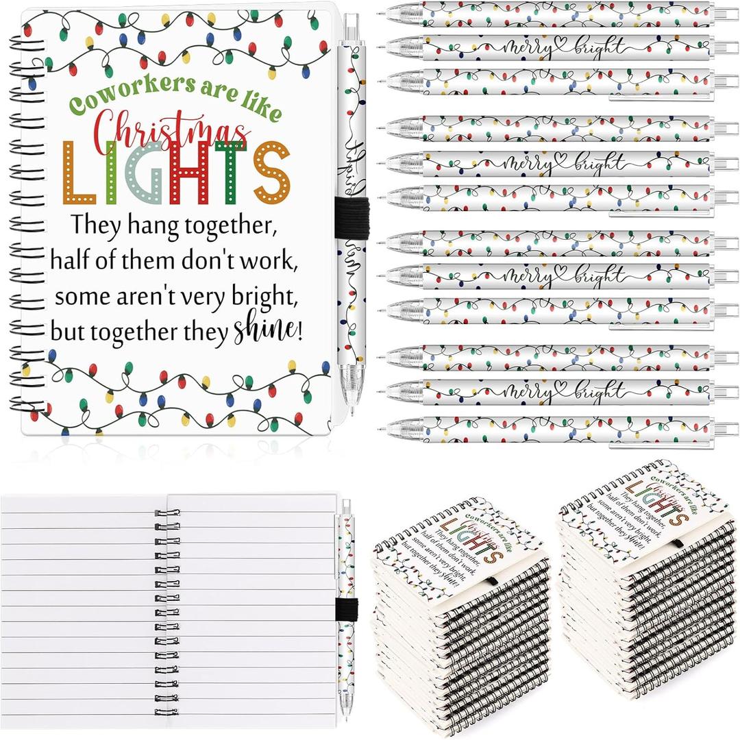 Colarr 50 Sets Coworker Christmas Gift Bulk Colorful String Lights Pattern A6 Spiral Notebooks Ballpoint Pens Coworkers Are Like Christmas Lights Inspirational Gifts for Office Staff Team Teacher