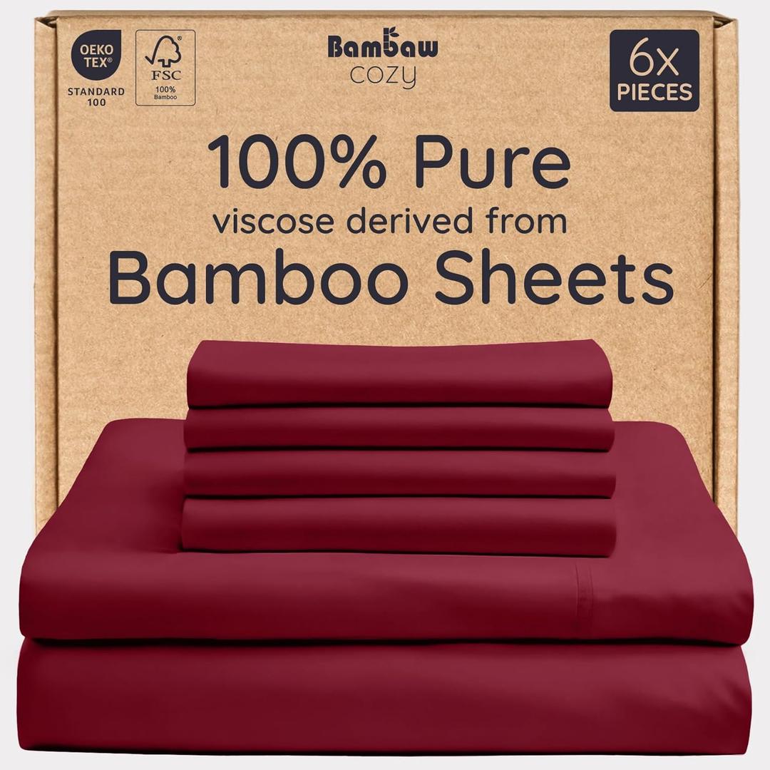 Bambaw 100% Viscose Derived from Bamboo Queen Sheet Set 6 Piece, Queen Size Cooling Sheets for Hot Sleepers, Super Soft Sheets Queen Size, Deep Pockets Fits Up to 16'' Mattresses (Burgundy)