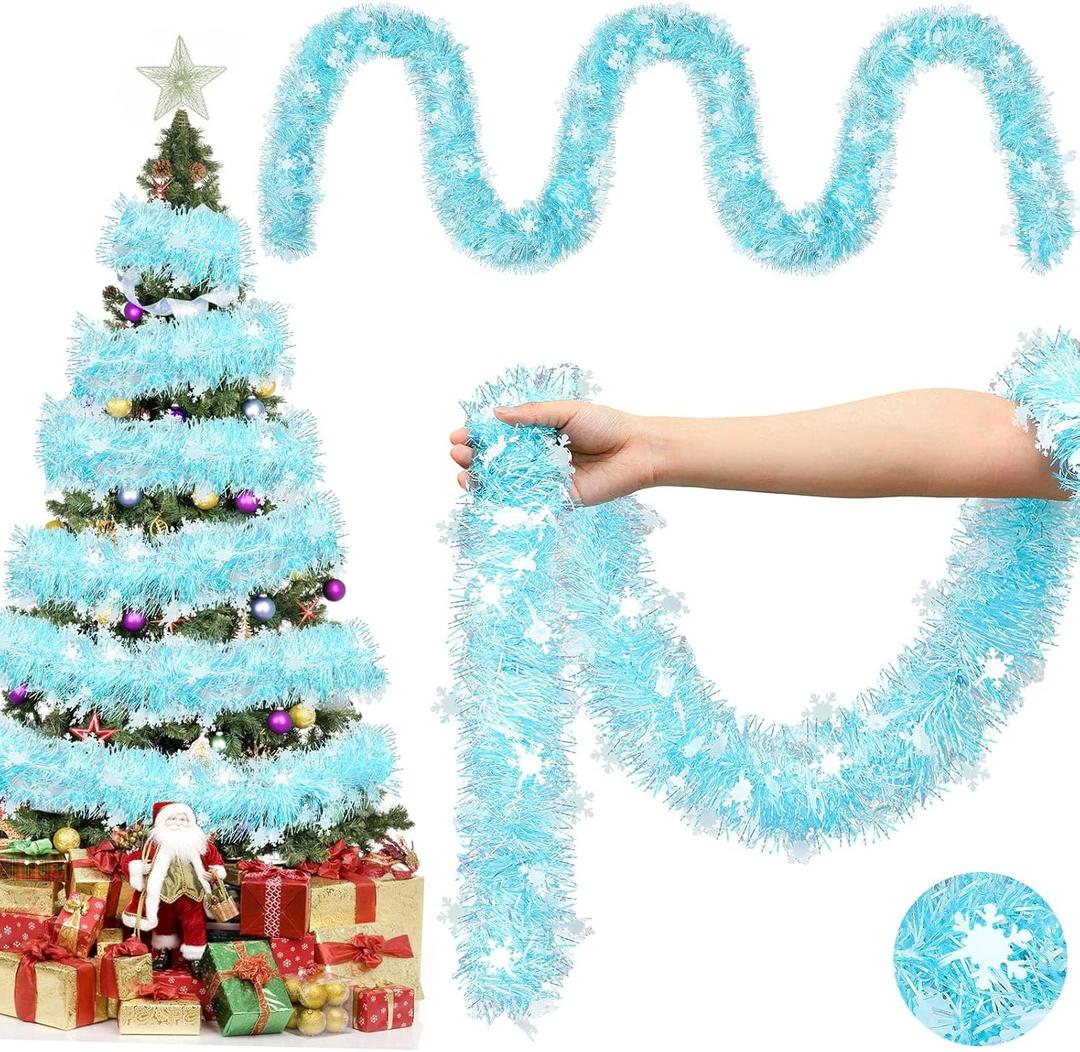 49.2 ft Christmas Tinsel Garland Metallic Garland Light Glittering Decoration for Valentine Birthday Wedding Party Holiday Festivities Indoor Outdoor Home Supplies(Blue, Snowflake)