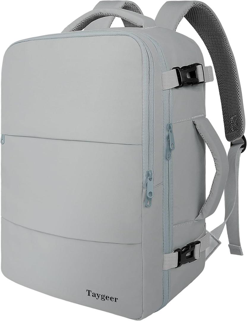 Taygeer Carry On Backpack for Men Women, Travel Backpack with Water Bottle Pocket & Shoe Pouch, Laptop Mochila 17.3inch Flight Approved, College Teacher Tote Bag for Business Travel, Grey