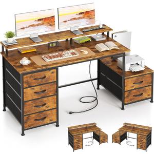 52 Inch Office Desk with 6 Drawers and Printer Space for Storage, Reversible Computer Desk with Monitor Stand & Power Outlets, Home Office Desks, Vintage
