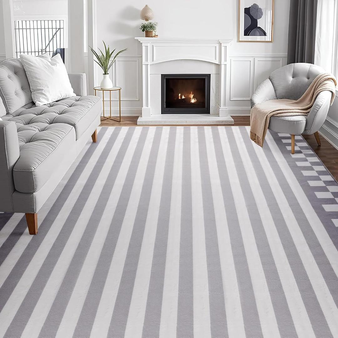 Carvapet 9x12 Large Area Rug - Gray Striped Modern Low Pile Floor Carpet, Foldable & Thin Washable Mat with Skid-Resistant Rubber Backing for Living Room Bedroom