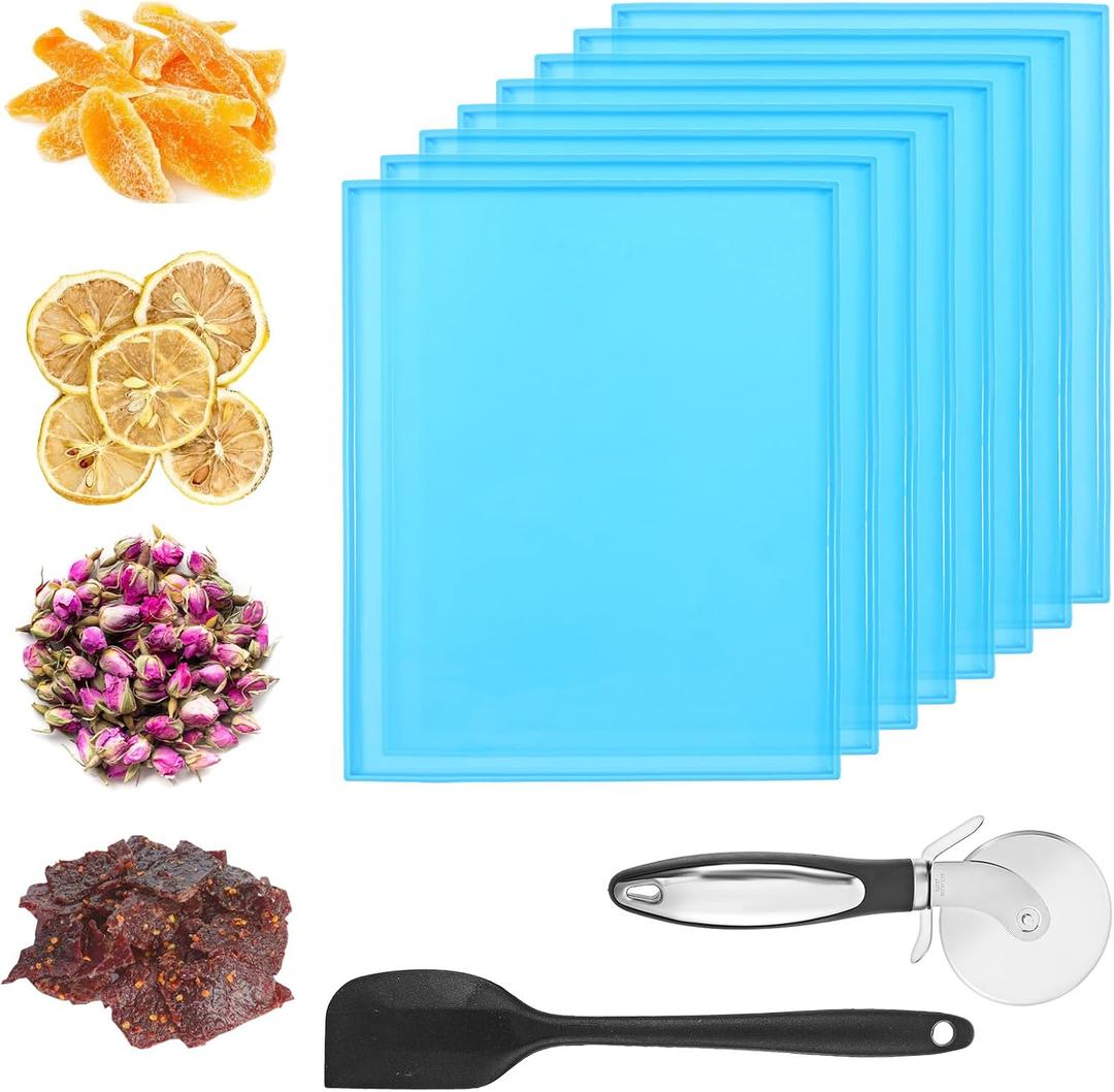 8PCS Silicone Dehydrator Trays with Edge Fruit Leather Trays 12 x 10 Inch Non-stick Dehydrator Mats with Silicone Scraper Cutter Wheel for Fruit Vegetables Meat Herbs and Liquid
