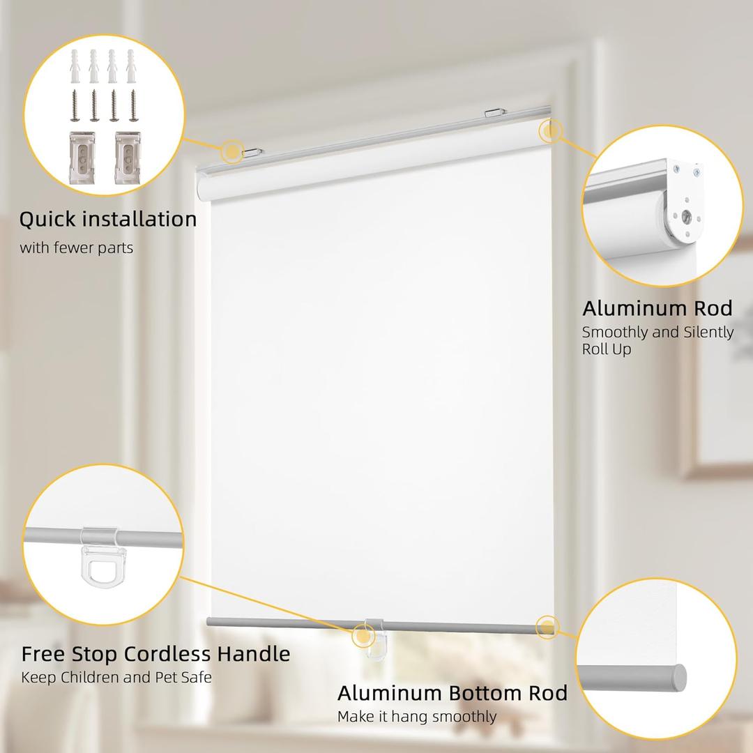 ChrisDowa Cordless Free-Stop 100% Blackout Blinds for Windows, Roller Windows Shades with Thermal Insulated, UV Protection Fabric for Living Room, Office and Home. Easy to Install.White,20" W X 72" H