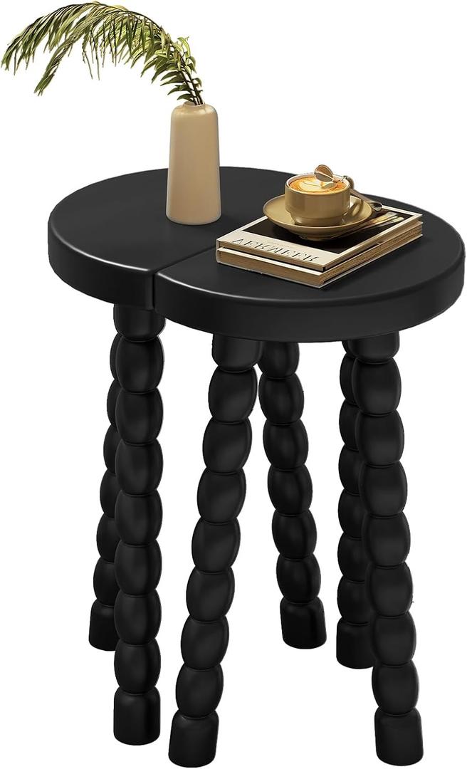 Wooden Bobbin Side Table - Plant Stand - Half Round Table - Wooden Accent Stool- Minimalist Decorative Table for Bedroom, Hallway, Living Room (2, Black)